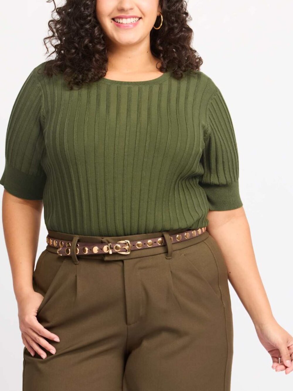 Evolution by Cyrus Ella Ribbed Short Sleeve Sweater Tee Green Plus 3X